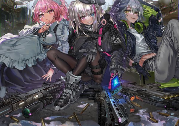 Anime picture 4209x2976 with girls frontline nintendo ntw-20 (girls frontline) mdr (girls frontline) aek-999 (girls frontline) veerinly long hair looking at viewer blush fringe highres short hair blue eyes smile hair between eyes sitting multiple girls holding yellow eyes payot
