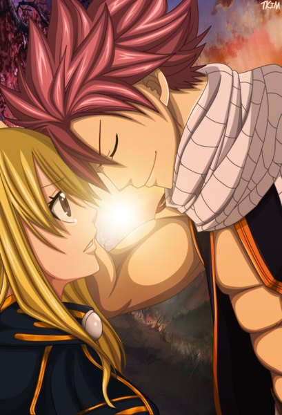 Anime picture 2350x3443 with fairy tail lucy heartfilia natsu dragneel futuretabs long hair tall image highres short hair blonde hair smile brown eyes pink hair sky eyes closed profile sunlight tattoo sleeveless tears coloring