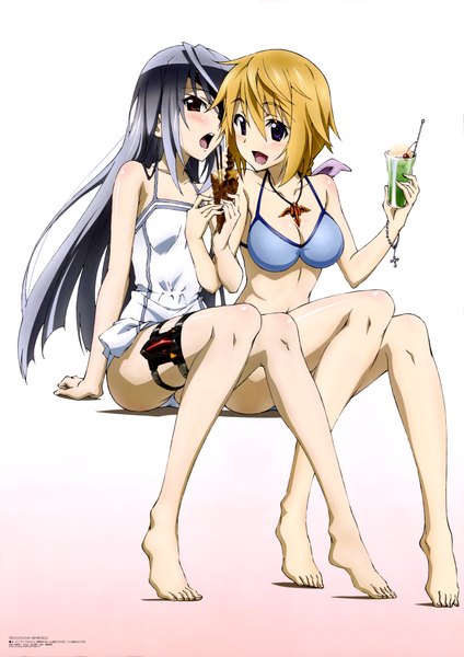 Anime picture 6084x8609 with infinite stratos 8bit nyantype charles dunois laura bodewig long hair tall image blush highres breasts open mouth light erotic blonde hair red eyes sitting purple eyes multiple girls absurdres barefoot grey hair