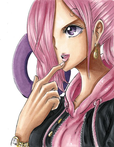 Anime picture 1596x2048 with one piece toei animation vinsmoke reiju stt0tr single long hair tall image fringe open mouth simple background white background purple eyes payot looking away pink hair upper body lips hair over one eye open jacket teeth