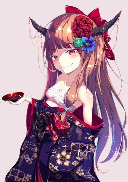 Anime picture 2480x3508 with touhou ibuki suika yamanakaume single long hair tall image looking at viewer blush fringe highres breasts light erotic simple background smile red eyes brown hair standing bare shoulders holding cleavage