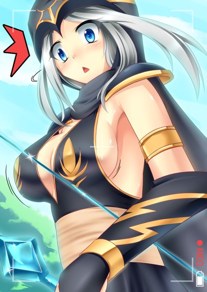 Anime picture 1181x1668 with league of legends ashe (league of legends) single tall image blush short hair breasts open mouth blue eyes light erotic large breasts grey hair girl headdress cloak