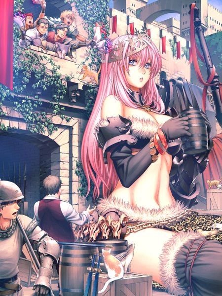 Anime picture 1200x1600 with original pixiv fantasia pixiv fantasia iii aoi subaru long hair tall image blue eyes sitting pink hair city fantasy giant gloves weapon plant (plants) elbow gloves armor chain cat crown