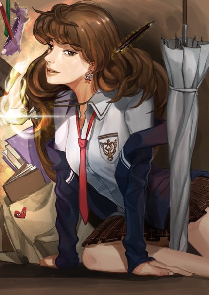 Anime picture 2480x3508 with supullim single long hair tall image fringe highres brown hair brown eyes lips closed umbrella girl skirt uniform school uniform earrings necktie umbrella pencil pencil case