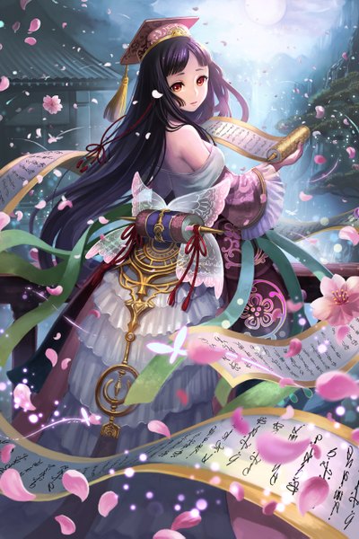 Anime picture 850x1275 with original terai (teraimorimori) single long hair tall image looking at viewer black hair red eyes bare shoulders looking back girl dress flower (flowers) hat petals scroll