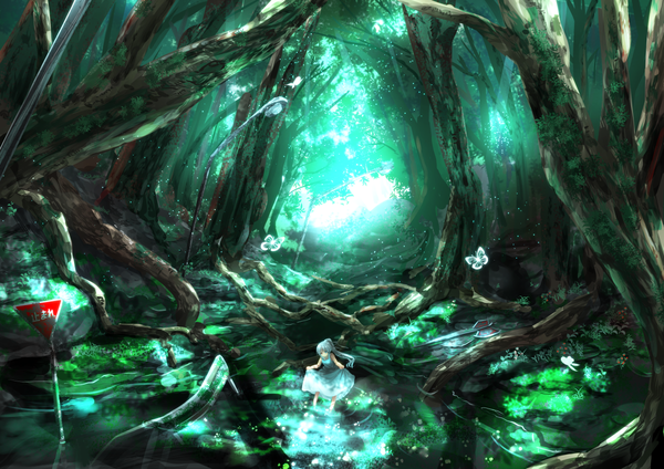 Anime picture 1200x848 with original haru (ryosios) ryosios single long hair blue hair ponytail heterochromia river girl dress flower (flowers) plant (plants) tree (trees) insect butterfly forest traffic sign