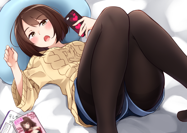 Anime picture 2480x1776 with original kapatarou single looking at viewer blush fringe highres short hair open mouth light erotic brown hair holding brown eyes bent knee (knees) lying wide sleeves on back no shoes knees touching heart print