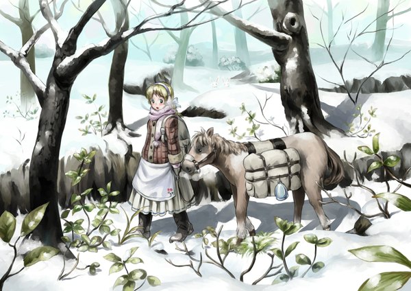 Anime picture 1697x1200 with original imaoka (pixiv) blush short hair blue eyes blonde hair ahoge winter girl skirt gloves ribbon (ribbons) plant (plants) animal tree (trees) jacket boots scarf apron