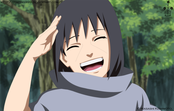 Anime picture 1003x644 with naruto studio pierrot naruto (series) uchiha itachi itachis999 single short hair open mouth black hair smile eyes closed coloring portrait akatsuki boy plant (plants) tree (trees) forest