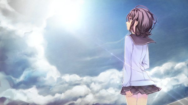 Anime picture 2048x1152 with negai no kakera to hakugin no agreement hajiro mina manyako (mohumohu) highres short hair black hair wide image brown eyes looking away game cg sky cloud (clouds) girl skirt uniform school uniform