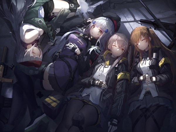 Anime picture 7000x5250 with girls frontline hk416 (girls frontline) ump45 (girls frontline) ump9 (girls frontline) g11 (girls frontline) munseonghwa long hair looking at viewer fringe highres breasts hair between eyes brown hair twintails multiple girls brown eyes green eyes payot absurdres silver hair