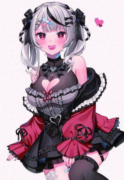 Anime picture 3000x4342 with virtual youtuber hololive sakamata chloe sakamata chloe (jirai kei) sakamata chloe (3rd costume) runlan 0329 single long hair tall image blush fringe highres open mouth light erotic simple background red eyes white background twintails silver hair blunt bangs