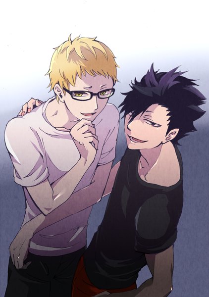 Anime picture 1000x1422 with haikyuu!! production i.g tsukishima kei kuroo tetsurou kouzi sio tall image fringe short hair open mouth black hair blonde hair smile green eyes yellow eyes from above multiple boys hand on another's shoulder smirk boy underwear
