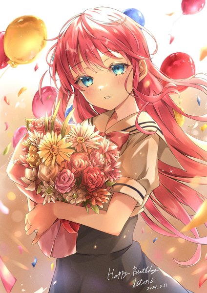 Anime picture 1448x2048 with bocchi the rock! cloverworks gotou hitori kikugawa roku single long hair tall image looking at viewer blue eyes pink hair wind dated happy birthday girl flower (flowers) bouquet confetti balloon