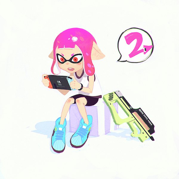 Anime picture 1080x1080 with splatoon splatoon 2 nintendo inkling ilya kuvshinov single short hair open mouth simple background red eyes white background sitting pink hair full body sleeveless tentacle hair playing games girl weapon shoes