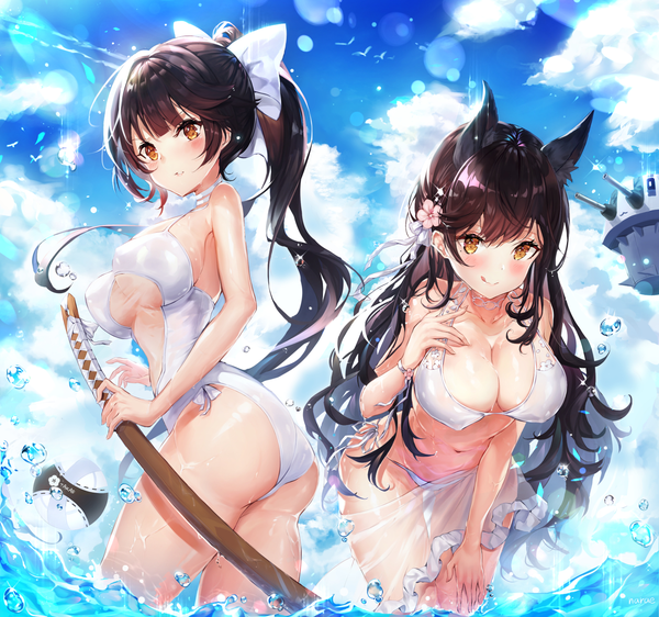 Anime picture 1500x1407 with azur lane atago (azur lane) takao (azur lane) atago (midsummer march) (azur lane) takao (beach rhapsody) (azur lane) narae long hair looking at viewer blush fringe breasts light erotic black hair hair between eyes large breasts standing multiple girls brown eyes animal ears sky