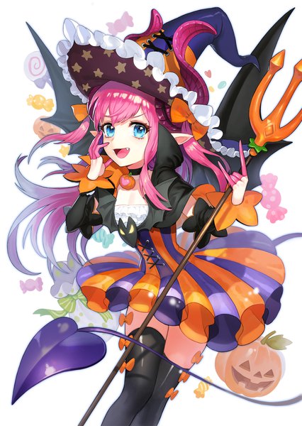 Anime picture 1200x1690 with fate (series) fate/grand order elizabeth bathory (fate) (all) elizabeth bathory (halloween caster) (fate) soyoong jun single long hair tall image looking at viewer open mouth blue eyes pink hair tail :d horn (horns) pointy ears fang (fangs) striped demon girl halloween