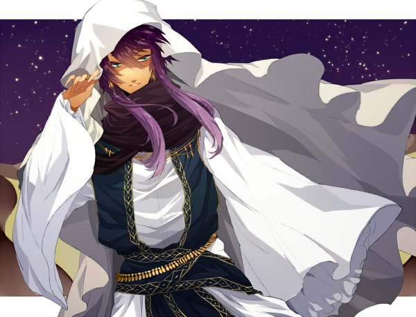 Anime picture 1000x763 with original kanenari single long hair looking at viewer blue eyes purple hair traditional clothes light smile boy scarf cape arabian clothes