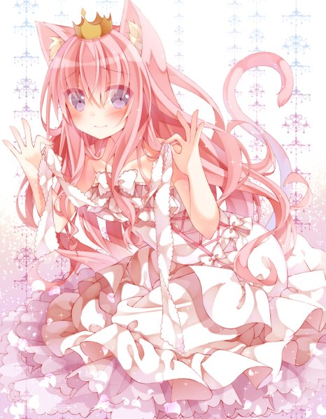 Anime picture 1088x1400 with original mog (artist) single long hair tall image blush fringe purple eyes animal ears looking away pink hair tail animal tail cat ears cat tail girl dress white dress crown