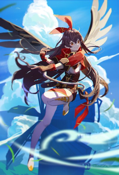 Anime picture 2000x2925 with genshin impact amber (genshin impact) omegu single long hair tall image fringe highres smile hair between eyes red eyes brown hair looking away sky cloud (clouds) full body bent knee (knees) flying girl gloves