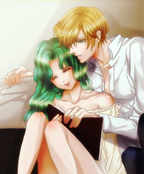Anime picture 850x1024 with bishoujo senshi sailor moon toei animation kaiou michiru tenou haruka long hair tall image short hair blonde hair sitting bare shoulders multiple girls green eyes eyes closed profile green hair open clothes bare legs open shirt couple partially open clothes
