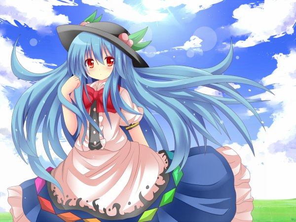 Anime picture 1200x900 with touhou hinanawi tenshi shineka single long hair blush red eyes blue hair cloud (clouds) girl dress hat bowtie fruit peach