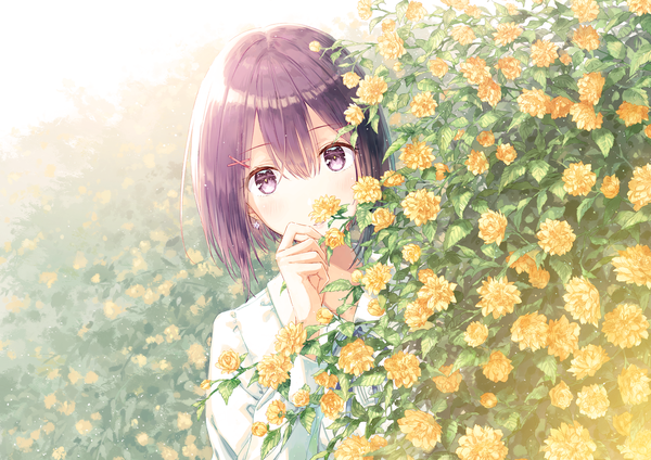 Anime picture 1697x1200 with original hiten (hitenkei) single looking at viewer blush fringe short hair hair between eyes brown hair brown eyes upper body revision girl hair ornament flower (flowers) earrings shirt white shirt leaf (leaves) x hair ornament