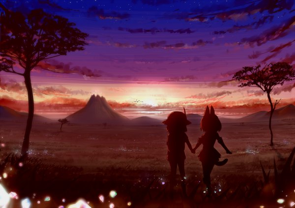 Anime picture 1400x989 with kemono friends serval (kemono friends) kaban (kemono friends) yaoyasan short hair standing multiple girls animal ears sky cloud (clouds) outdoors tail animal tail holding hands evening sunset mountain landscape scenic silhouette