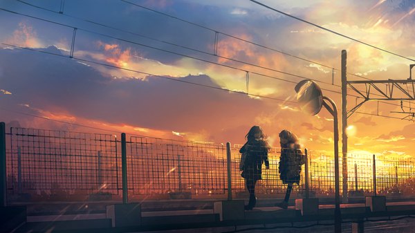 Anime picture 1778x1000 with original na (sodium) long hair highres open mouth wide image multiple girls sky cloud (clouds) full body outdoors evening sunset girl 2 girls scarf fence chain-link fence traffic mirror