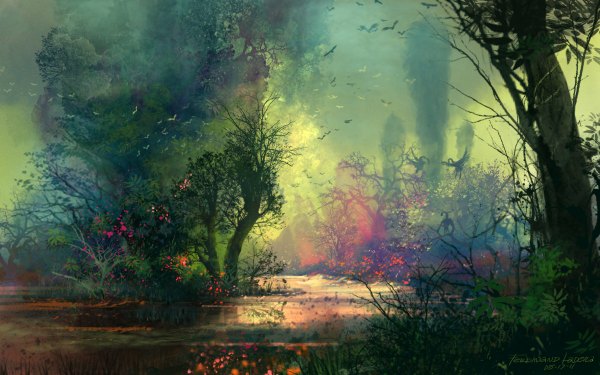 Anime picture 1200x750 with original ferdinand ladera wide image signed no people fantasy alternate age fog flower (flowers) plant (plants) animal tree (trees) water bird (birds) grass