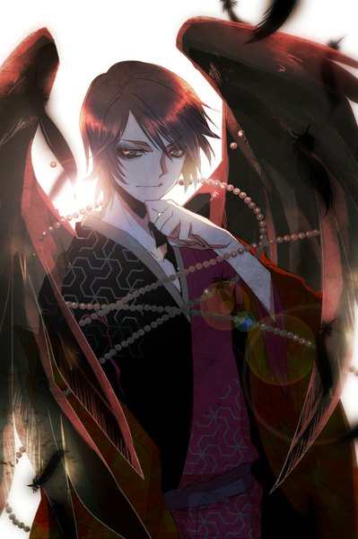 Anime picture 1000x1502 with kamisama hajimemashita kurama (kamisama hajimemashita) sujikura single tall image looking at viewer short hair brown hair brown eyes traditional clothes japanese clothes boy wings feather (feathers) beads
