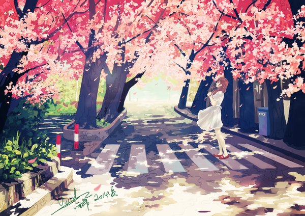 Anime picture 1417x1002 with original vivid single long hair brown hair signed wind shadow cherry blossoms looking up street spring crosswalk girl dress plant (plants) petals tree (trees) shoes white dress
