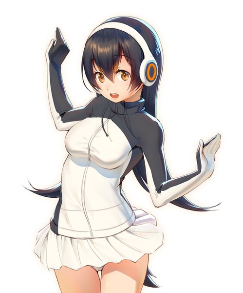 Anime picture 1065x1280 with kemono friends gentoo penguin (kemono friends) pinakes single long hair tall image fringe open mouth light erotic black hair simple background hair between eyes white background brown eyes :d pleated skirt pantyshot spread arms girl skirt