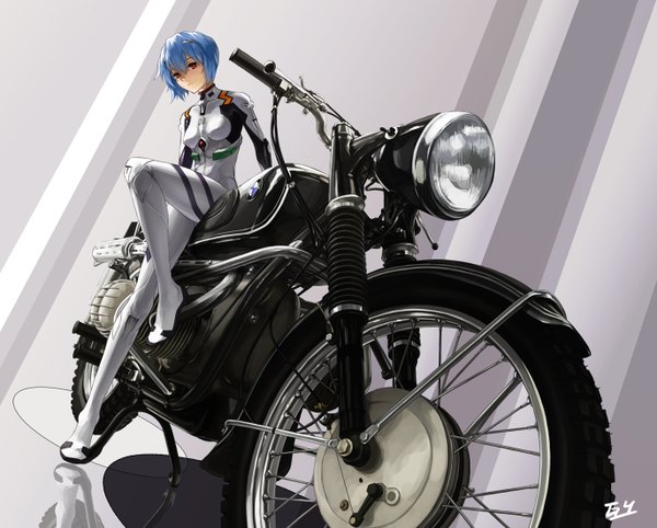 Anime picture 1372x1104 with neon genesis evangelion gainax ayanami rei gyicarus single short hair simple background red eyes signed blue hair grey background girl bodysuit pilot suit motorcycle