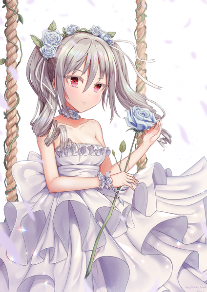 Anime picture 1754x2481 with idolmaster idolmaster cinderella girls kanzaki ranko glaciale single long hair tall image blush fringe highres breasts simple background hair between eyes red eyes white background sitting twintails bare shoulders holding looking away