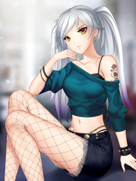 Anime picture 960x1280 with original gigamessy single tall image looking at viewer blush fringe breasts sitting twintails brown eyes silver hair fingernails off shoulder midriff tattoo depth of field piercing eyebrow piercing girl