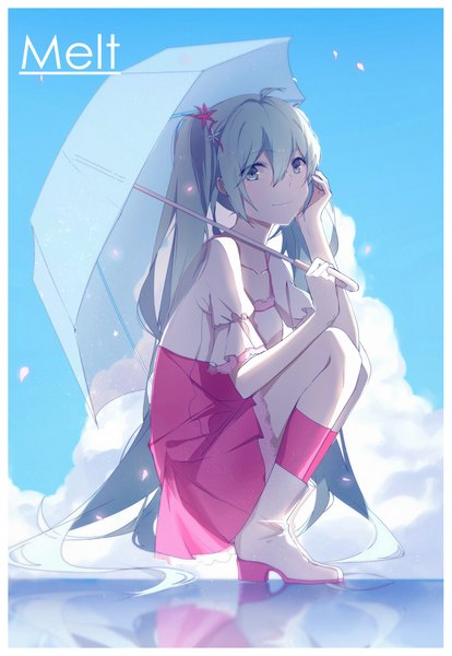 Anime picture 1417x2050 with vocaloid melt (vocaloid) hatsune miku lococo:p single long hair tall image looking at viewer blush fringe smile hair between eyes sitting twintails holding sky cloud (clouds) ahoge bent knee (knees) pleated skirt