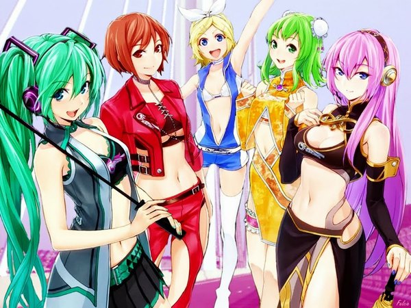 Anime picture 1024x768 with vocaloid hatsune miku megurine luka kagamine rin gumi meiko yanako long hair short hair open mouth blue eyes blonde hair smile red eyes twintails purple eyes green eyes pink hair red hair aqua eyes