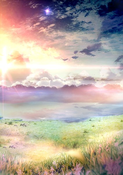 Anime picture 2480x3508 with original oke okami tall image highres sky cloud (clouds) evening reflection sunset mountain landscape lake flower (flowers) plant (plants) water star (stars) grass sun