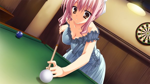 Anime picture 1600x900 with noble works short hair breasts wide image brown eyes pink hair game cg cleavage billiards dress cue stick pool table cue ball
