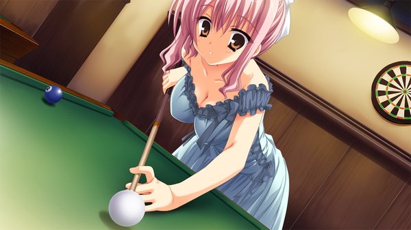 イラスト 1600x900 と のーぶる☆わーくす 短い髪 おっぱい wide image 茶目 ピンク髪 game cg cleavage billiards ドレス cue stick pool table cue ball