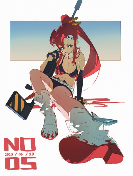 Anime picture 1772x2352 with tengen toppa gurren lagann gainax yoko littner tss-mire single tall image highres breasts light erotic large breasts sitting yellow eyes full body ponytail red hair very long hair arm support dated outside border girl