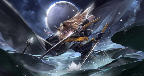 Anime picture 2750x1455 with original pixiv fantasia pixiv fantasia t alcd single long hair fringe highres blonde hair hair between eyes wide image holding green eyes looking away horn (horns) wind night leaning partially submerged glowing