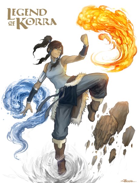 Anime picture 1145x1500 with avatar: the legend of korra korra kazeco (pixiv) single long hair tall image blue eyes smile brown hair white background bare shoulders wind inscription girl water fire stone (stones)