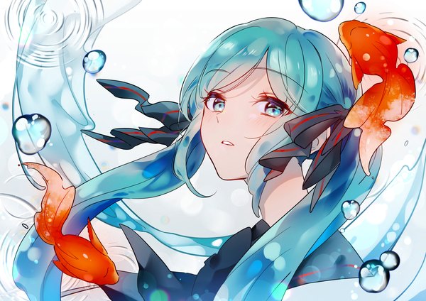 Anime picture 4093x2894 with vocaloid hatsune miku bottle miku rubianeko single long hair looking at viewer highres twintails absurdres upper body aqua eyes aqua hair ripples girl ribbon (ribbons) hair ribbon animal water fish (fishes)