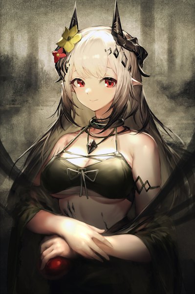 Anime picture 1331x2000 with arknights mudrock (arknights) mudrock (silent night) (arknights) mona lisa jell (jell y fish) single long hair tall image looking at viewer blush fringe breasts light erotic smile red eyes large breasts bare shoulders holding silver hair upper body