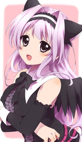 Anime picture 770x1333 with mashiroiro symphony amaha miu sekina single long hair tall image looking at viewer blush fringe open mouth bare shoulders animal ears pink hair pink eyes cat ears crossed arms black wings girl bow wings