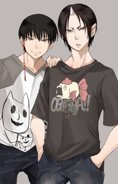 Anime picture 517x800 with hoozuki no reitetsu wit studio hoozuki (hoozuki no reitetsu) hakutaku (hoozuki no reitetsu) sando (310 sand) tall image short hair black hair simple background horn (horns) pointy ears grey background multiple boys grey eyes alternate costume oni horns hands in pockets animal print hand on another's shoulder casual