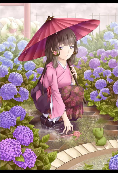 Anime picture 1120x1640 with original noala single long hair tall image looking at viewer fringe blue eyes yellow eyes payot full body blunt bangs nail polish traditional clothes japanese clothes fingernails light smile rain squat multicolored eyes