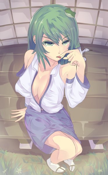 Anime picture 2600x4200 with touhou kochiya sanae daito (daito369) single long hair tall image fringe highres breasts light erotic sitting bare shoulders green eyes cleavage green hair legs knees touching girl hair ornament detached sleeves